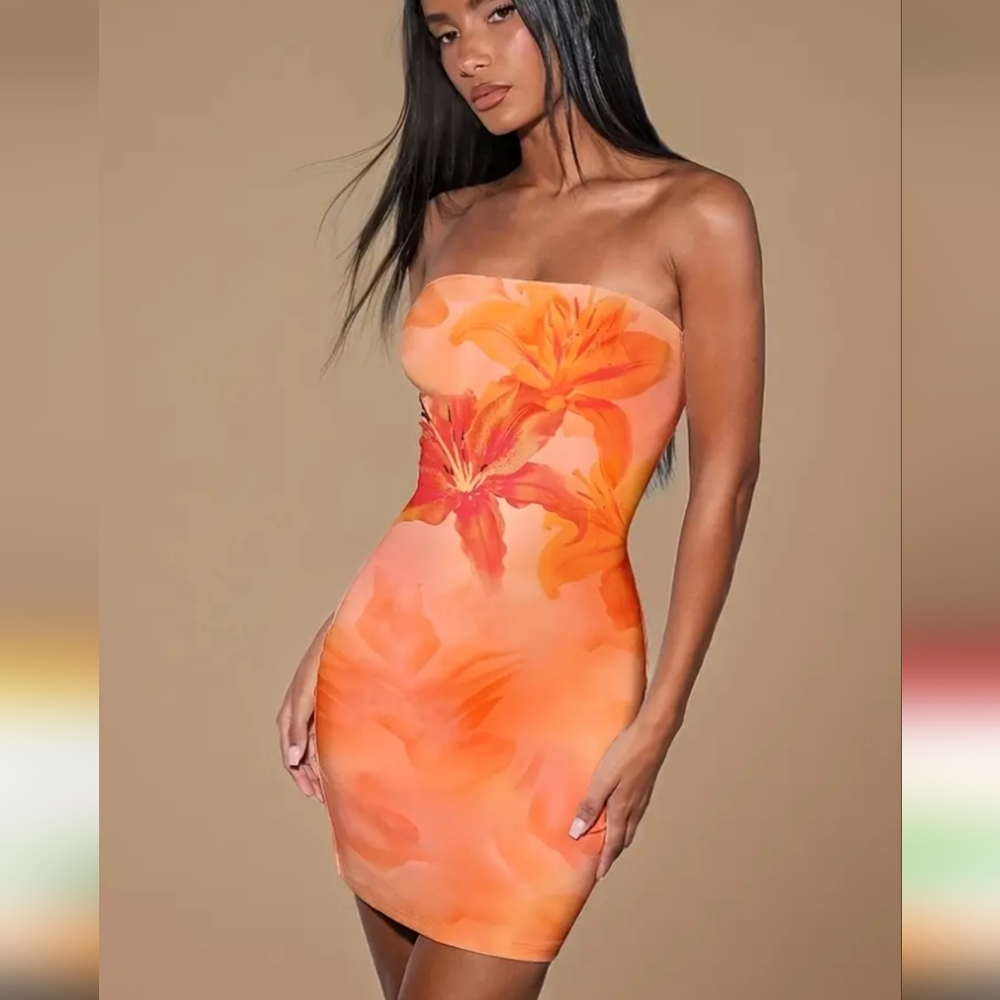 Orange Floral Strapless Dress